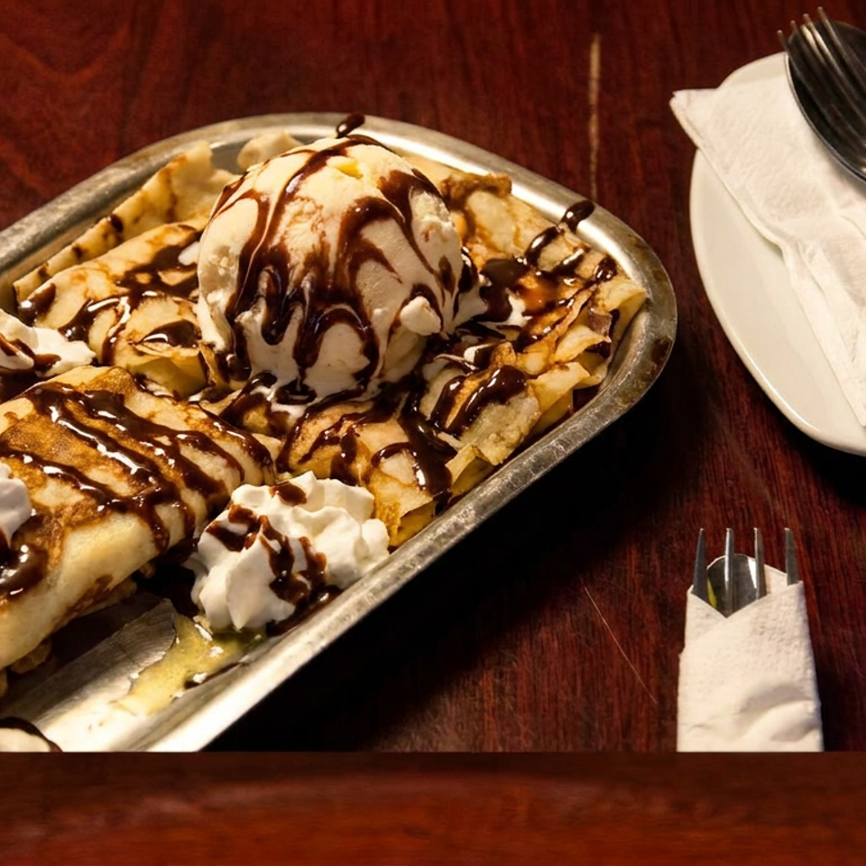 Dessert platter with crepes, whipped cream, vanilla ice cream, and chocolate sauce on a metal tray beside cutlery.