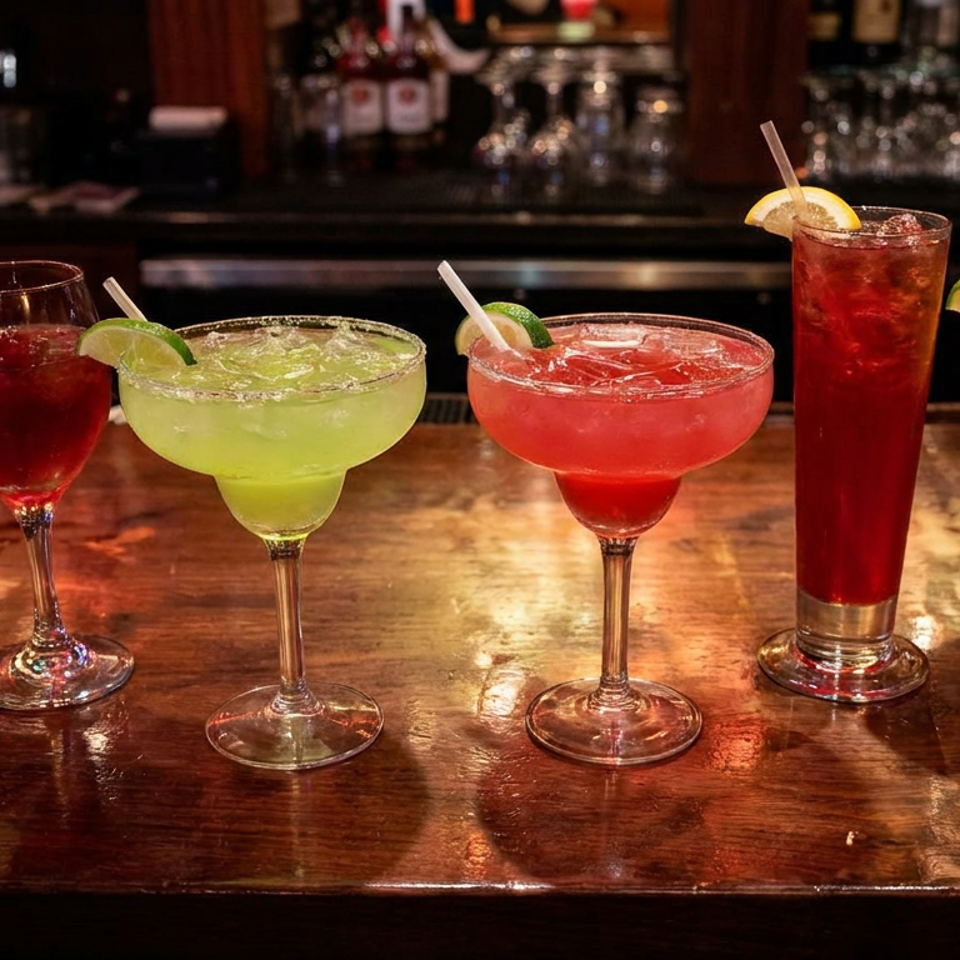 Six colorful cocktails with citrus garnishes and straws arranged on a polished wooden bar in a dimly lit restaurant.