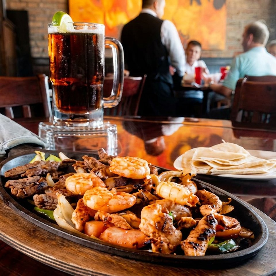 Sizzling platter of grilled shrimp, chicken, vegetables, and tortillas beside a lime-garnished dark beer in a warmly lit restaurant.